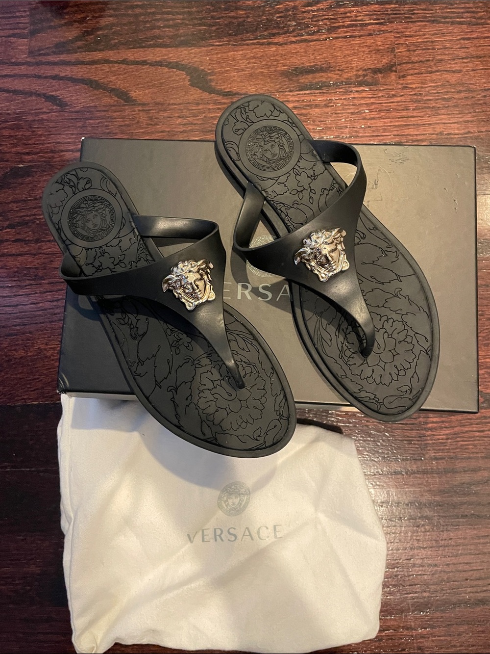 Versace Black Thong Sandals with Gold Medusa Emblem